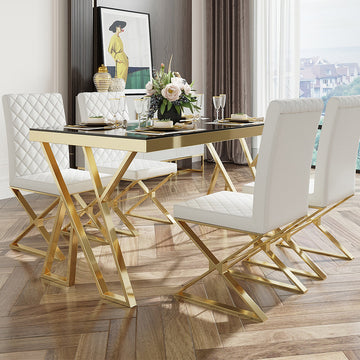 Modern White Leather Dining Room Chair Upholstered Gold Legs Set of 2